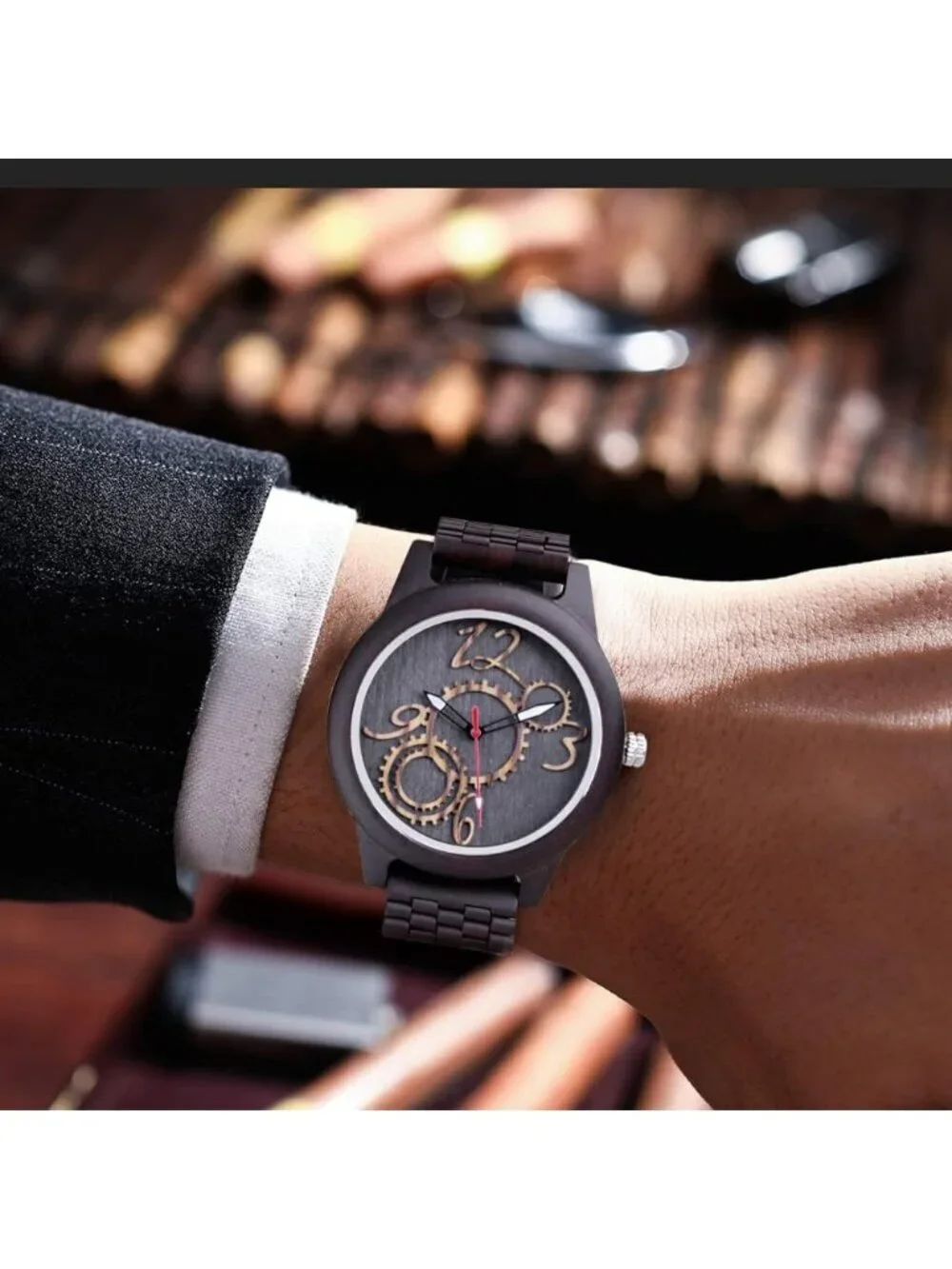 Men's Brown Classic Handmade Tang Buckle Bamboo Analog Date Quartz Wooden Watch